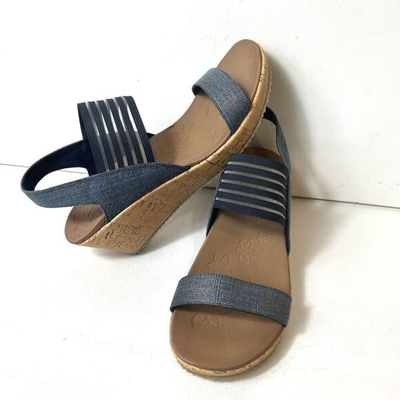 Skechers Luxe Foam Wedge Women's 11 Blue Fabric Sandals Sling Back Open Toe NEW - Picture 3 of 12